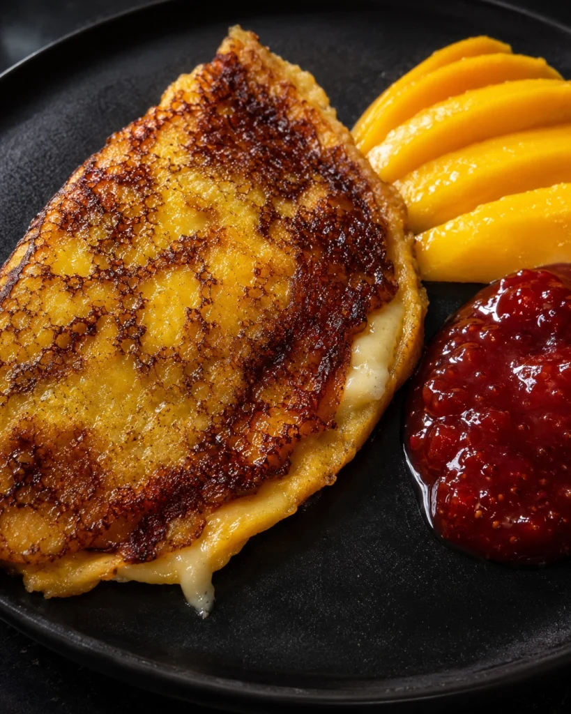 Primer plano de omelette plátano maduro con queso, mango en tajadas y mermelada roja.