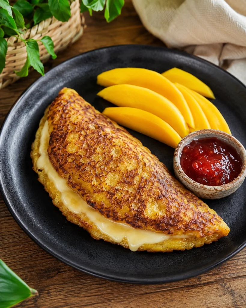 Omelette plátano maduro servido en plato negro con mango, mermelada y mesa de madera.
