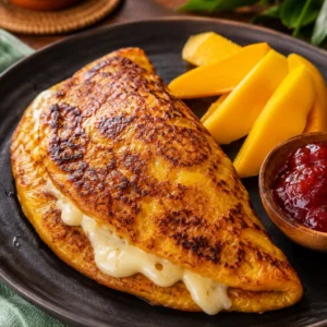 Omelette plátano maduro relleno de queso fundido con mango fresco y mermelada al lado.