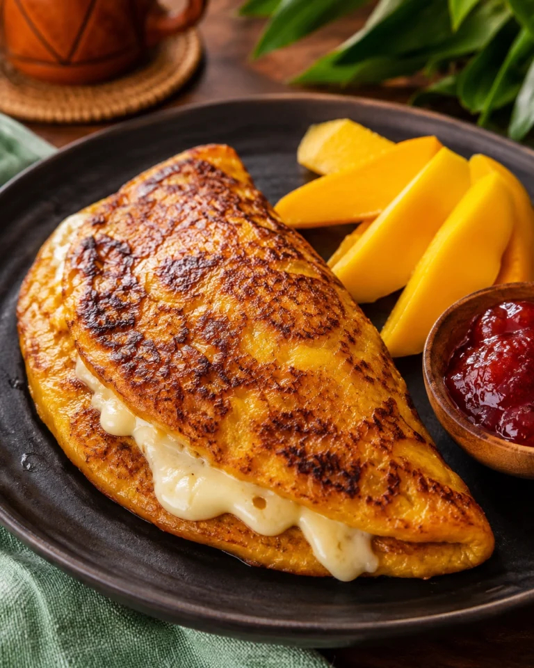 Omelette plátano maduro relleno de queso fundido con mango fresco y mermelada al lado.