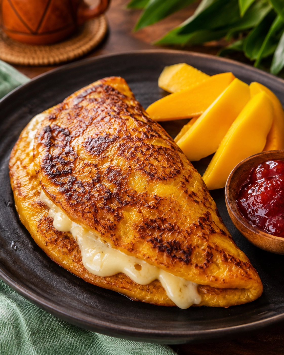 Omelette plátano maduro relleno de queso fundido con mango fresco y mermelada al lado.