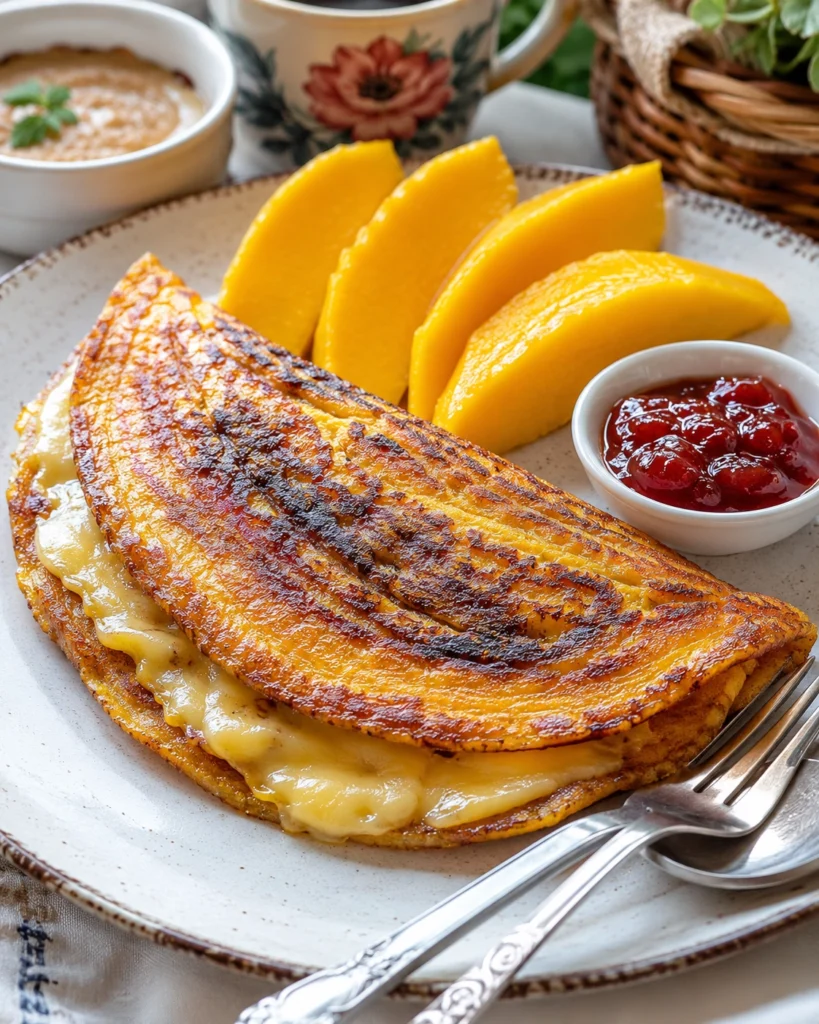 Omelette plátano maduro dorado con queso fundido, mango fresco y mermelada de fresa.