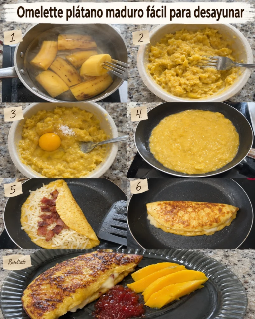 Paso a paso para hacer omelette plátano maduro con huevo, queso fundido y bacon de res.