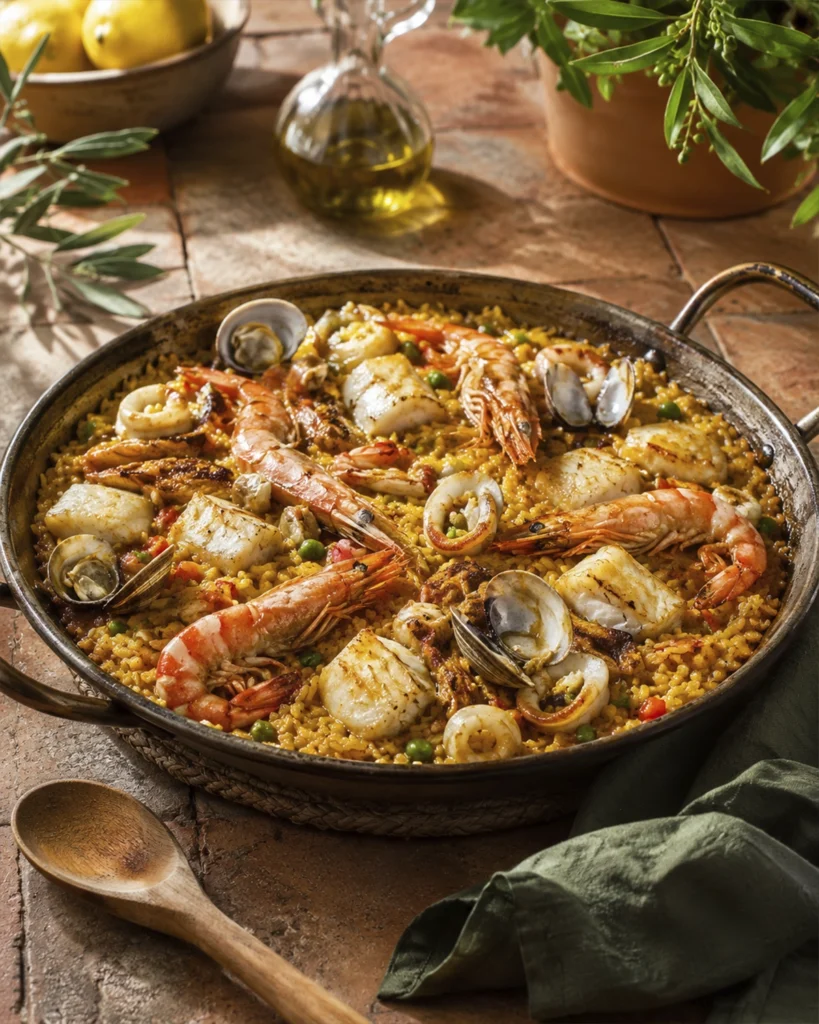 Paella de mariscos: 7 secretos irresistibles para triunfar 6 Paellera tradicional con arroz marinero, langostinos, almejas, calamar y pescado sobre una mesa de estilo mediterráneo.