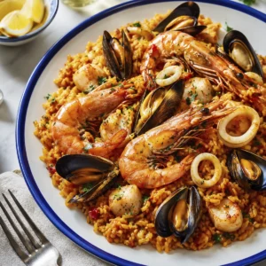 Paella de mariscos: 7 secretos irresistibles para triunfar 7 Ración de paella de mariscos con gambas, mejillones, calamar y arroz con azafrán acompañada de gajos de limón.