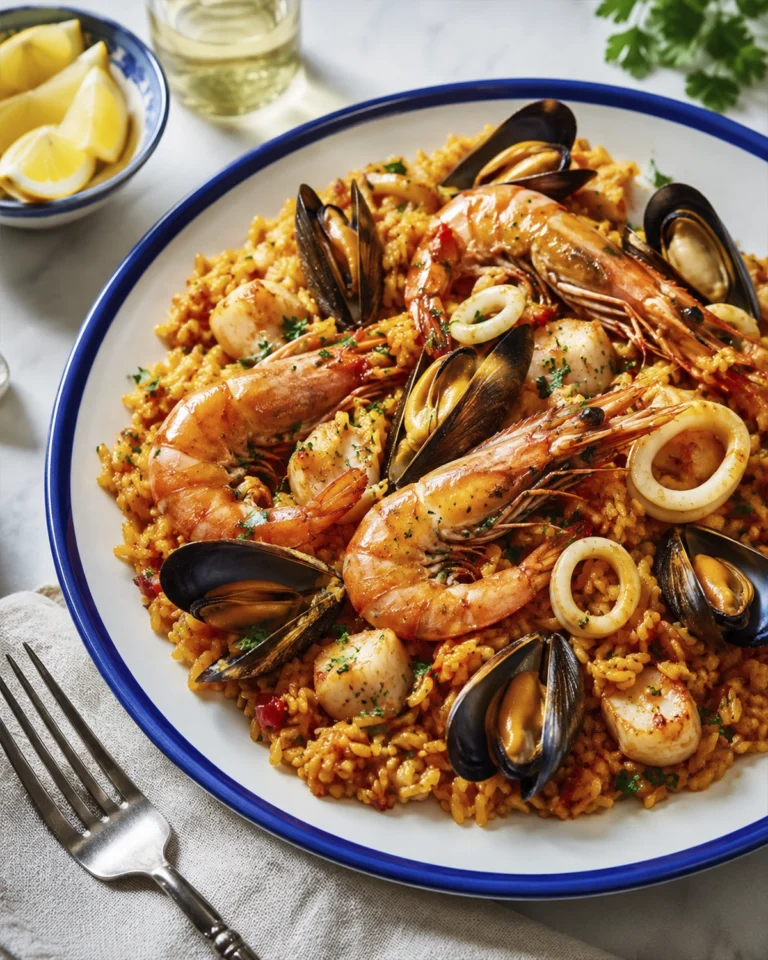 Ración de paella de mariscos con gambas, mejillones, calamar y arroz con azafrán acompañada de gajos de limón.