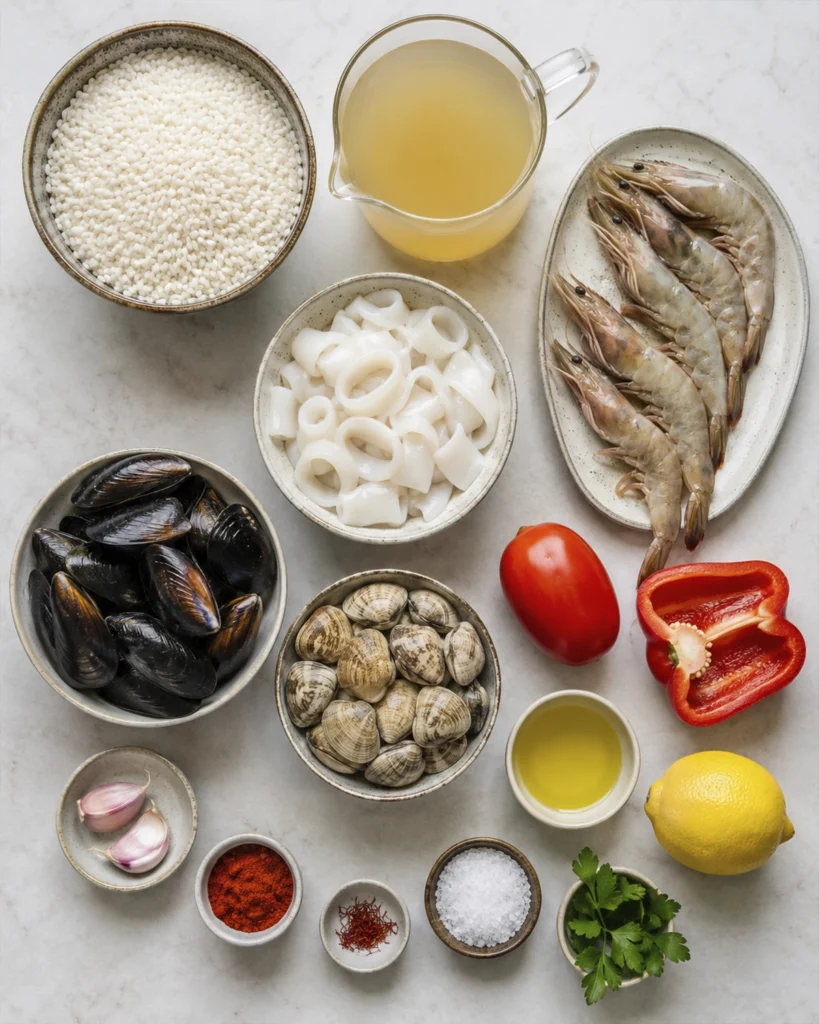 Paella de mariscos: 7 secretos irresistibles para triunfar 3 Ingredientes para paella de mariscos con arroz bomba, fumet, gambas, mejillones, almejas, calamar y verduras frescas.