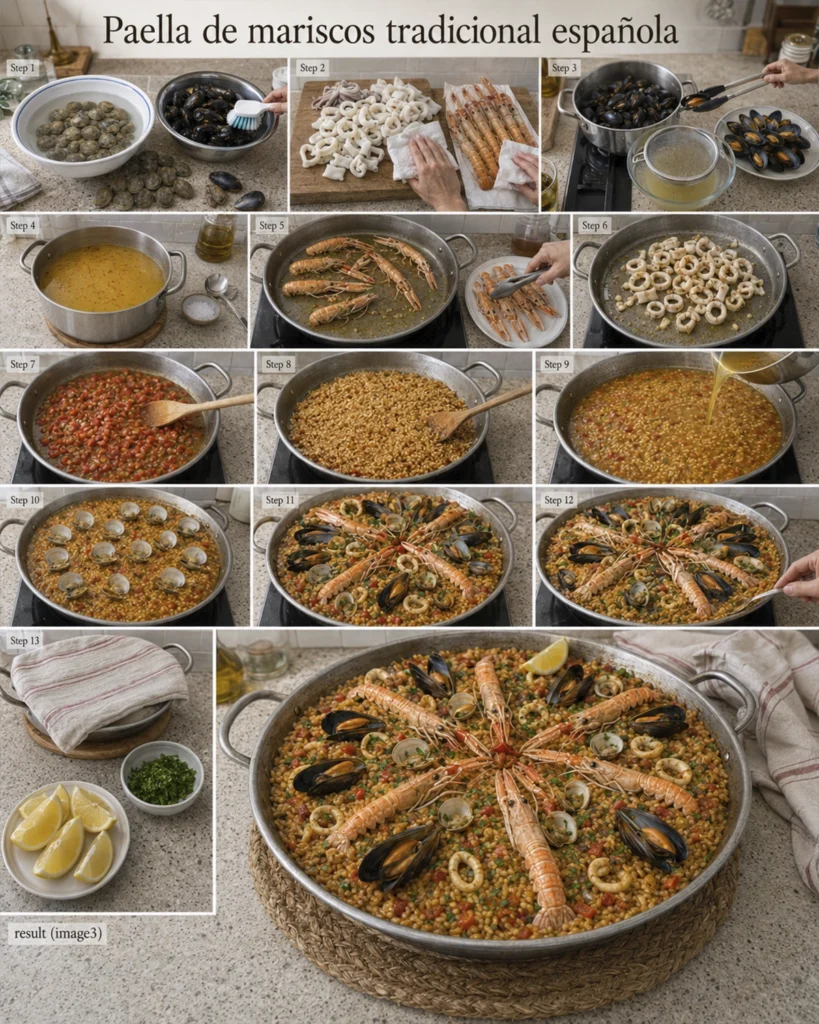 Paella de mariscos: 7 secretos irresistibles para triunfar 4 Collage del paso a paso para preparar paella marinera, desde la limpieza del marisco hasta el reposo final del arroz.