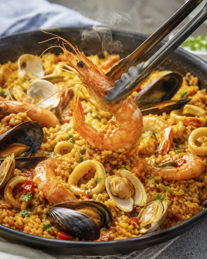 Paella de mariscos: 7 secretos irresistibles para triunfar 2 Pinzas de cocina levantando un langostino sobre una paella de mariscos con almejas, mejillones, calamar y arroz dorado.