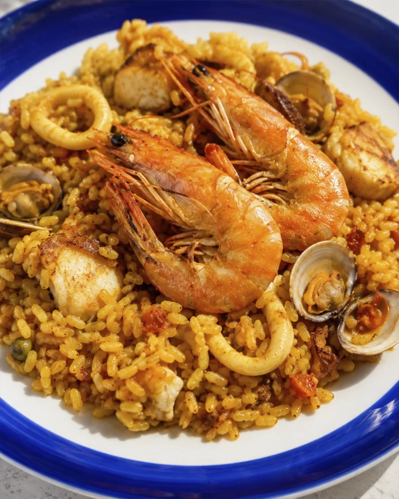 Paella de mariscos: 7 secretos irresistibles para triunfar 5 Primer plano de paella de mariscos con langostinos, almejas, calamar y arroz dorado en un plato de borde azul.