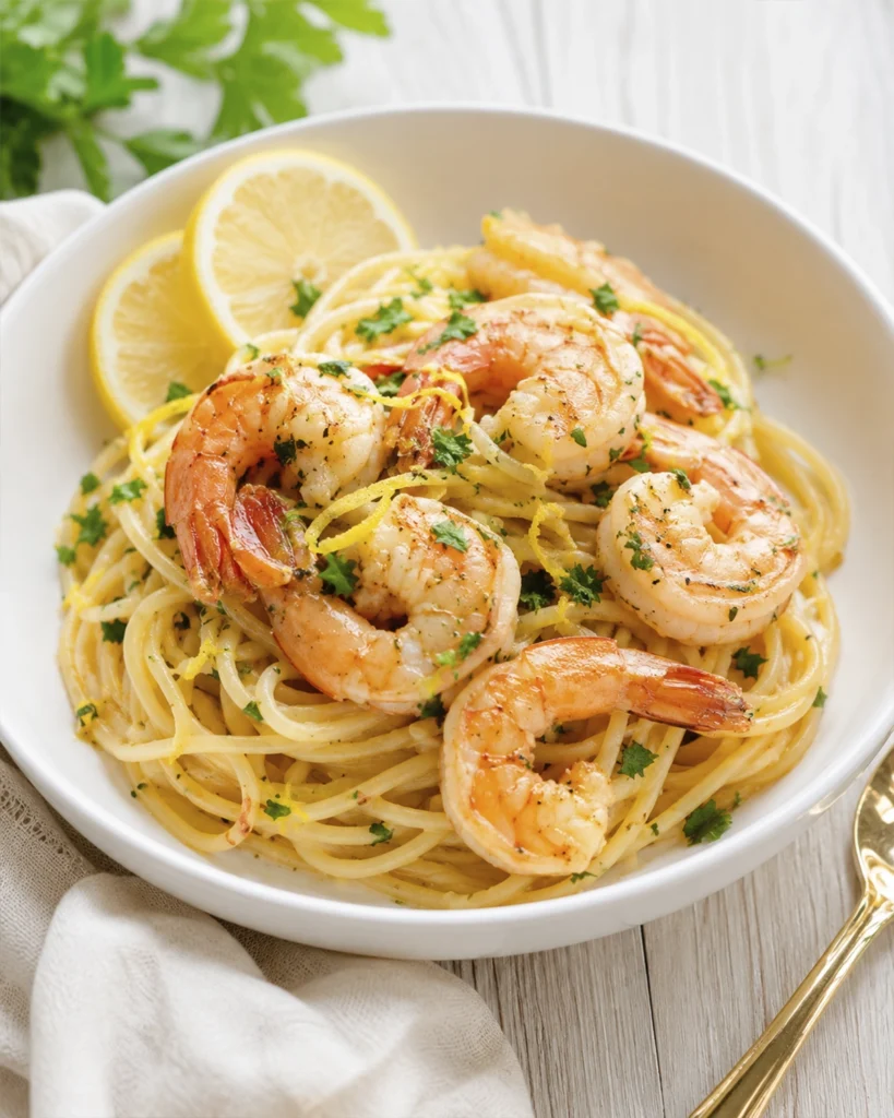 Pasta camarones con ajo y limón 5 Pasta camarones con limón, ajo, perejil y camarones jugosos servida en bowl blanco sobre mesa clara.