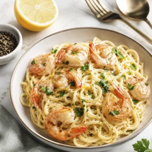 Pasta camarones con ajo y limón 6 Pasta camarones servida en plato hondo con limón fresco, perejil picado y cubiertos dorados al fondo.
