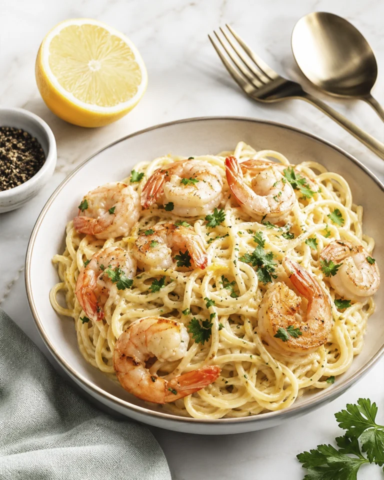 Pasta camarones servida en plato hondo con limón fresco, perejil picado y cubiertos dorados al fondo.
