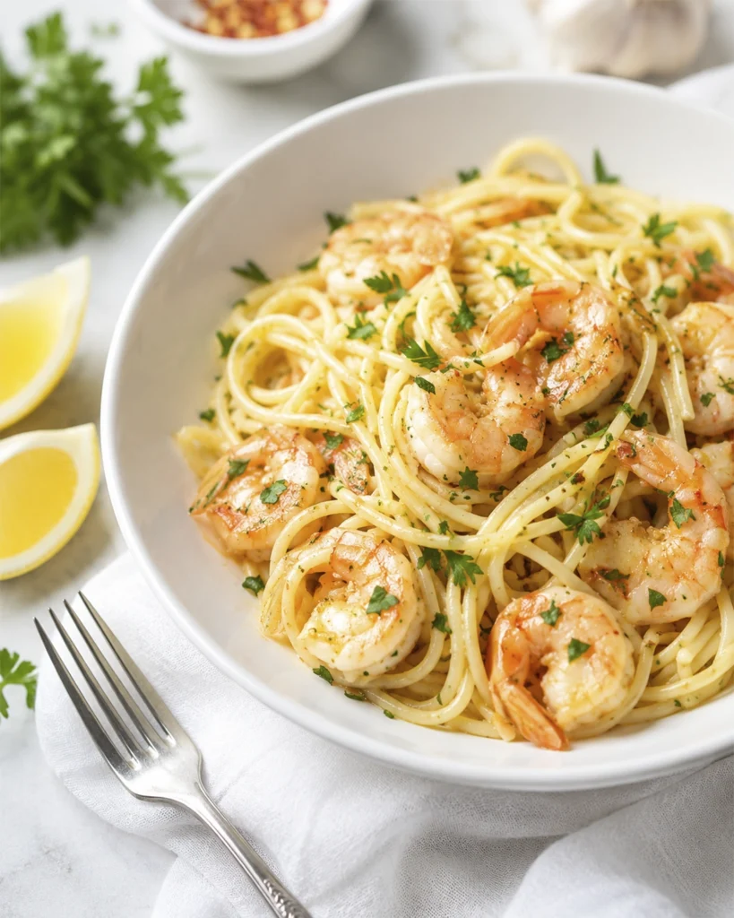 Pasta camarones con ajo y limón 2 Pasta camarones con ajo, limón y perejil fresco servida en un cuenco blanco sobre mantel claro.