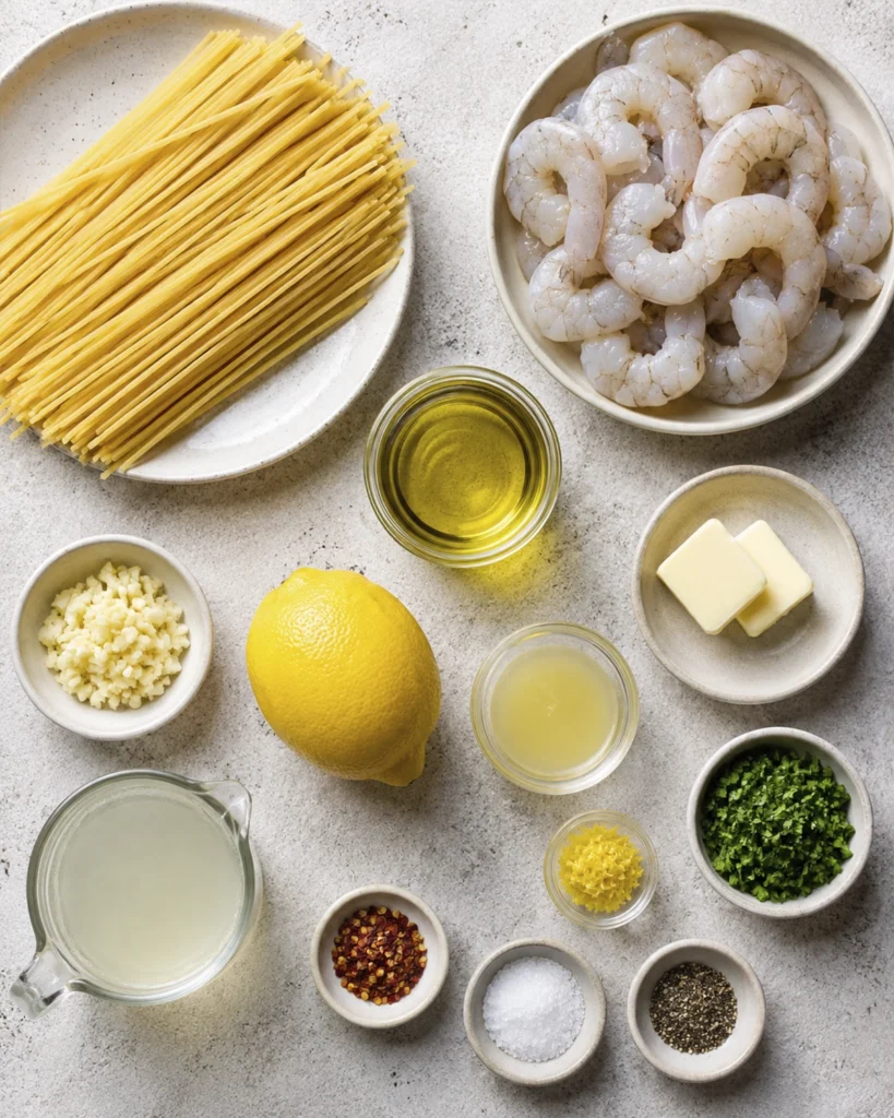 Pasta camarones con ajo y limón 3 Ingredientes para pasta camarones con spaghetti, camarones, limón, ajo, aceite de oliva, mantequilla y perejil.