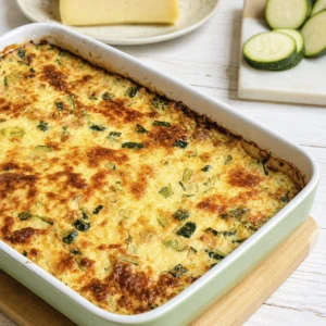 Pastel de calabacín al horno 6 Pastel de calabacín gratinado en una fuente rectangular, con queso dorado y rodajas frescas al fondo.