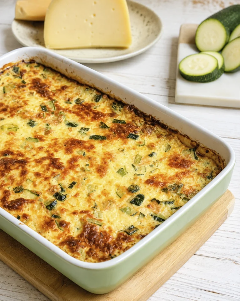 Pastel de calabacín gratinado en una fuente rectangular, con queso dorado y rodajas frescas al fondo.