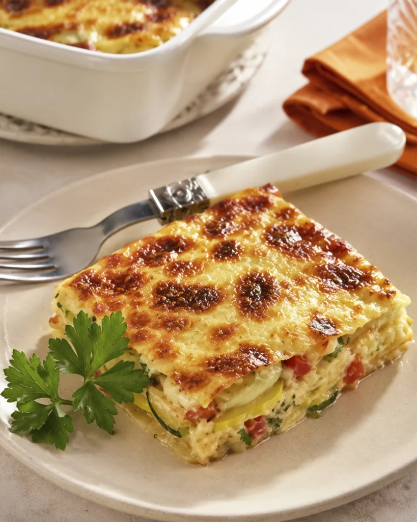 Pastel de calabacín al horno 5 Porción de pastel de calabacín con capas de verdura, tomate, queso fundido y perejil fresco.