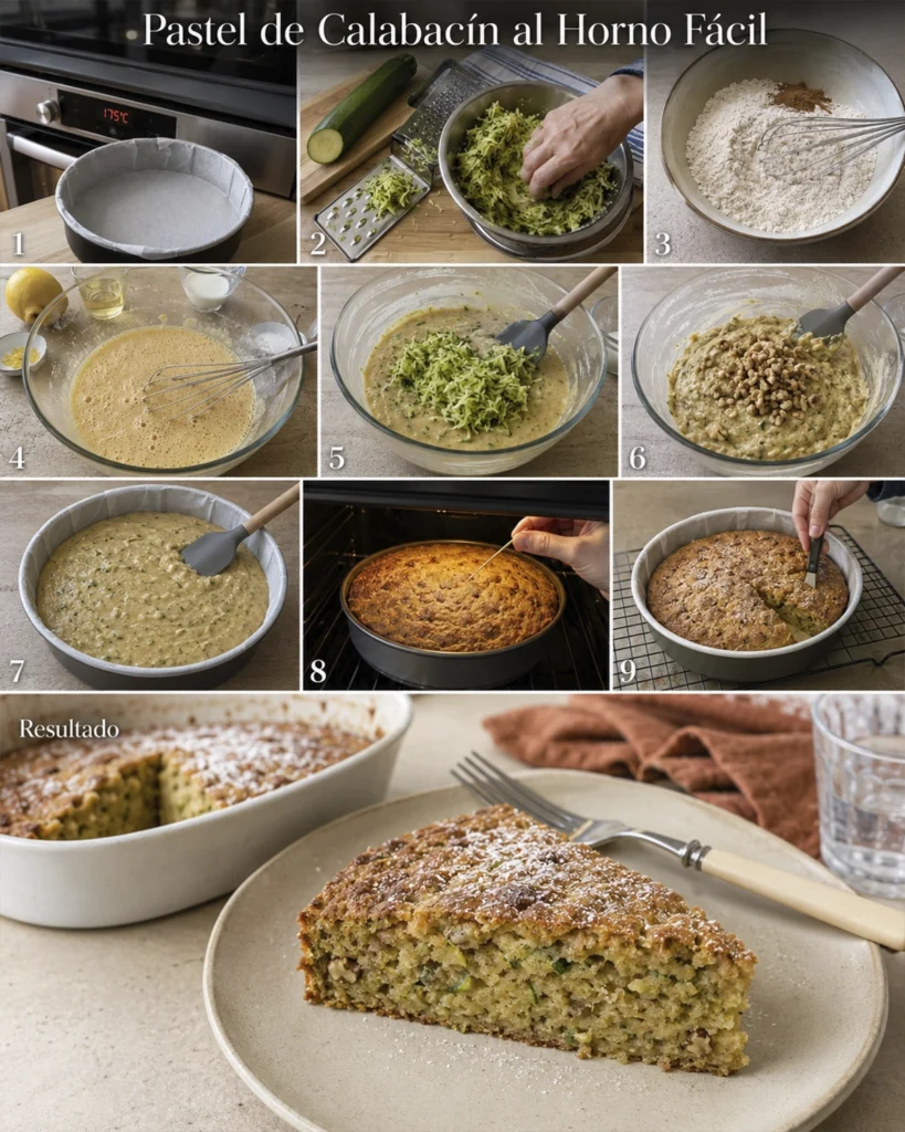 Pastel de calabacín al horno 4 Collage del pastel de calabacín paso a paso, desde preparar el molde hasta hornear, cortar y servir.