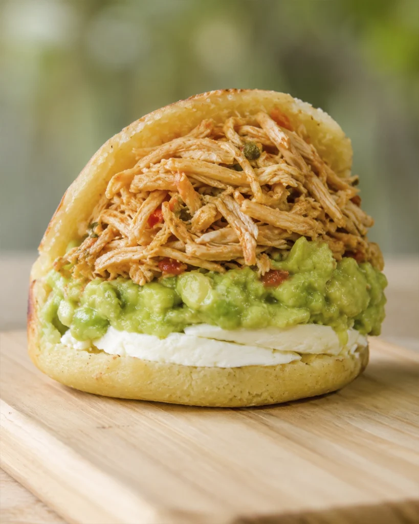 Recetas de arepas rellenas 2 recetas de v con pollo desmenuzado, aguacate cremoso y queso blanco sobre una tabla de madera.