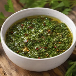 Salsa chimichurri casera fácil y rápida 7 Cuenco blanco con chimichurri fresco de perejil, ajo, aceite de oliva y hojuelas de chile.