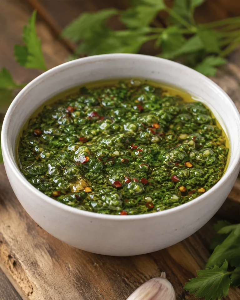 Cuenco blanco con chimichurri fresco de perejil, ajo, aceite de oliva y hojuelas de chile.