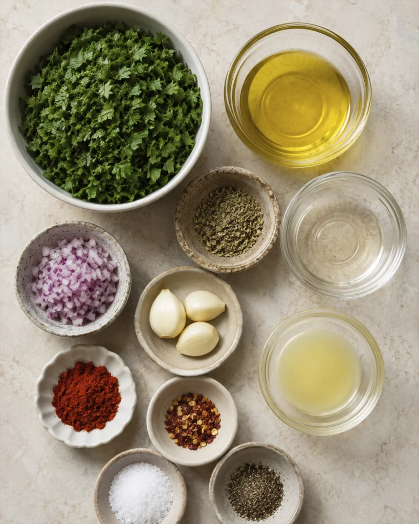 Salsa chimichurri casera fácil y rápida 3 Ingredientes de salsa chimichurri casera con perejil, ajo, cebolla, orégano, aceite, vinagre y especias.