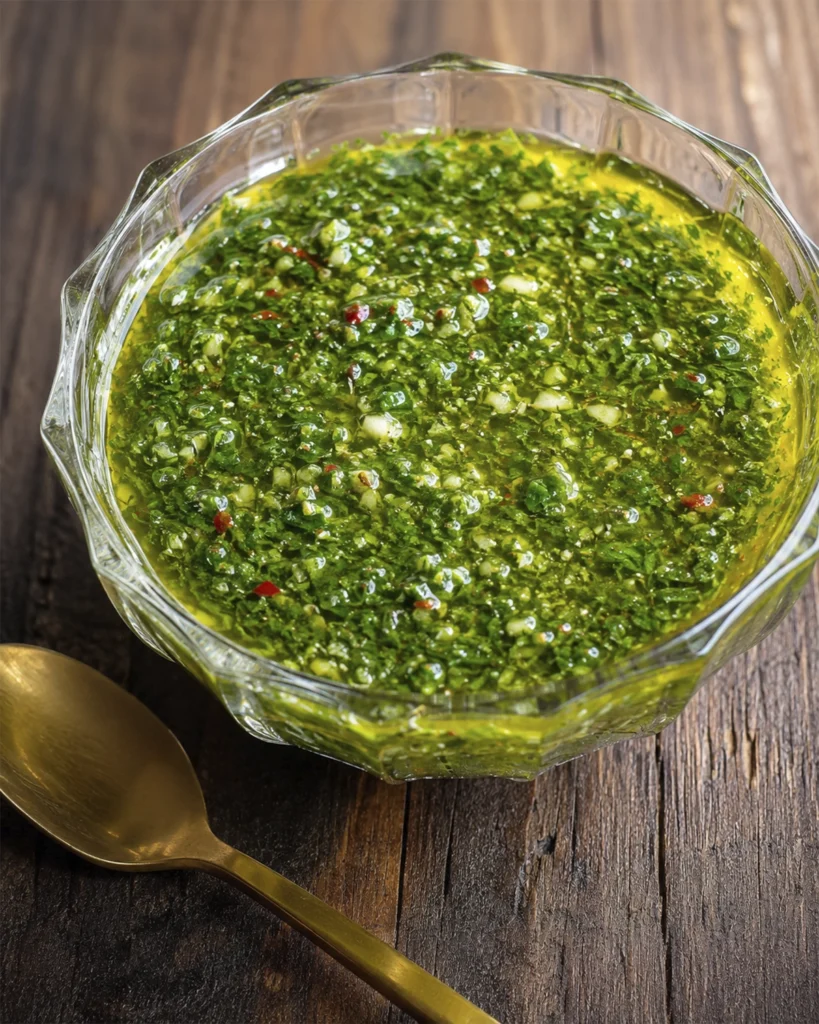 Salsa chimichurri casera fácil y rápida 6 Salsa chimichurri casera en un cuenco de vidrio con una cuchara dorada sobre una mesa de madera.