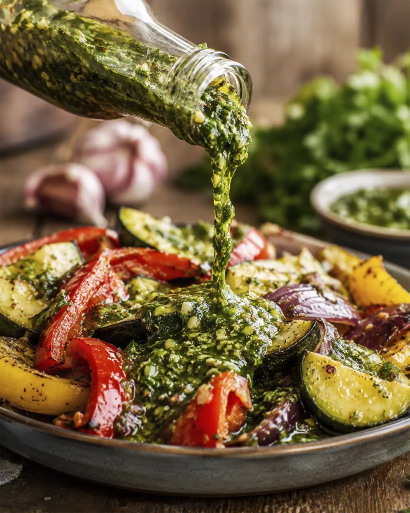 Salsa chimichurri casera fácil y rápida 2 Chimichurri de perejil vertido sobre calabacín, pimientos y cebolla asados.