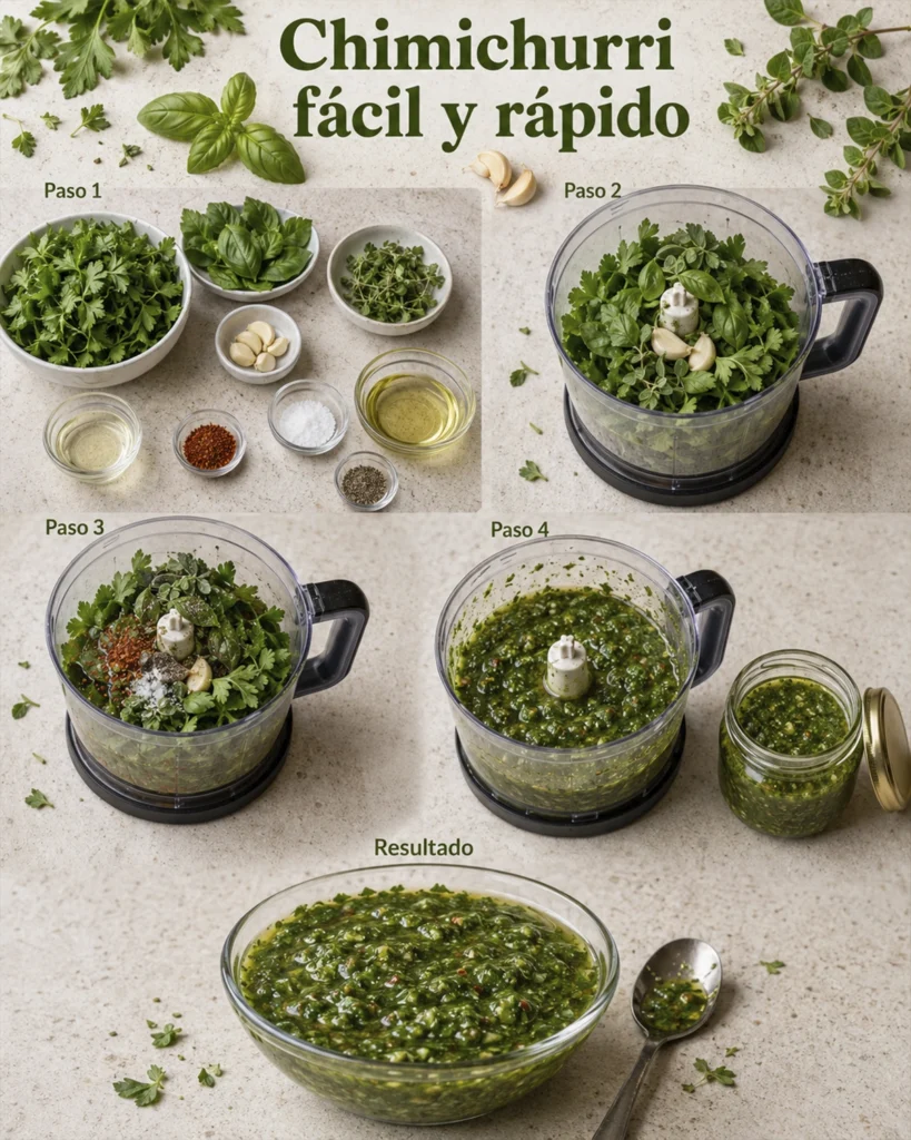 Salsa chimichurri casera fácil y rápida 4 Preparación paso a paso de salsa chimichurri casera con hierbas frescas, ajo, aceite y especias en procesador.