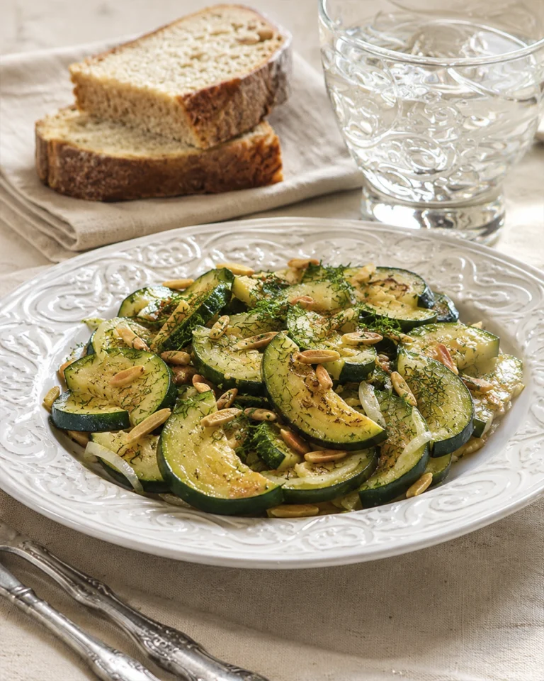 Plato de salteado de calabacín con cebolleta, almendras tostadas y eneldo acompañado de pan y agua.
