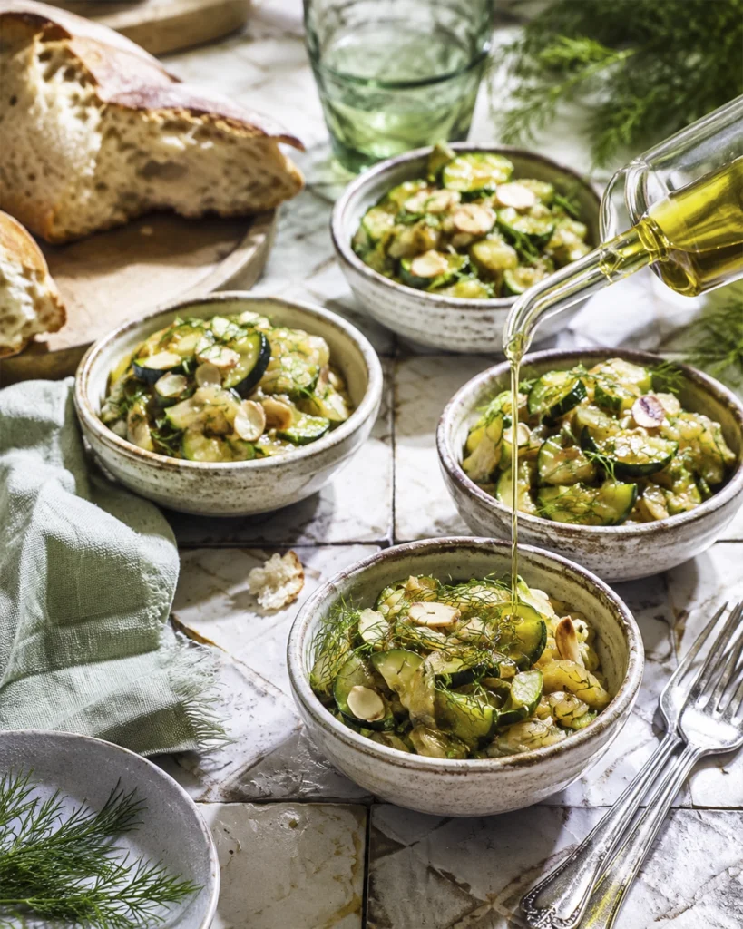 Cuatro cuencos de salteado de calabacín con almendras y eneldo mientras se añade aceite de oliva.