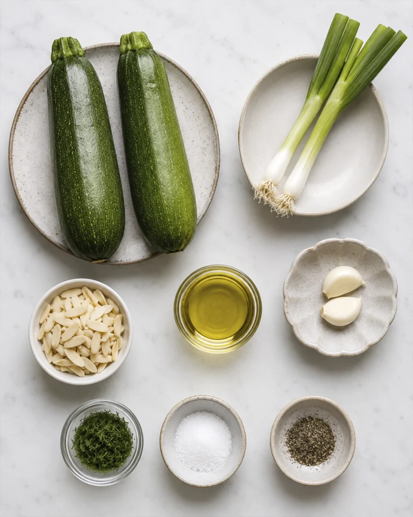 Ingredientes para salteado de calabacín con cebolletas, ajo, almendras, eneldo, aceite de oliva, sal y pimienta.