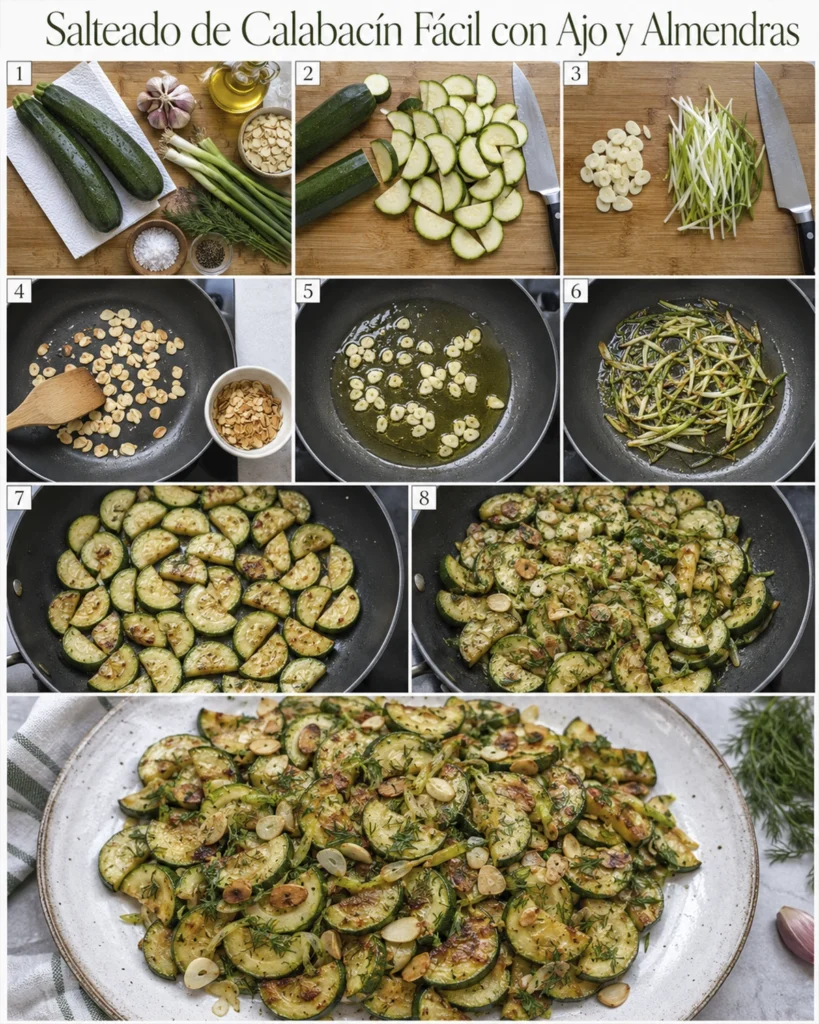 Salteado de calabacín paso a paso con ajo, cebolleta, almendras y eneldo, desde los ingredientes hasta el plato final.