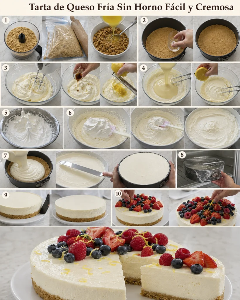 Proceso paso a paso para preparar un cheesecake frío con base de galletas, relleno cremoso y frutos rojos