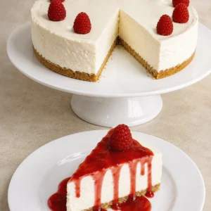 Tarta de queso Lotus sin horno decorada con frambuesas y una porción servida con salsa sobre un plato blanco.