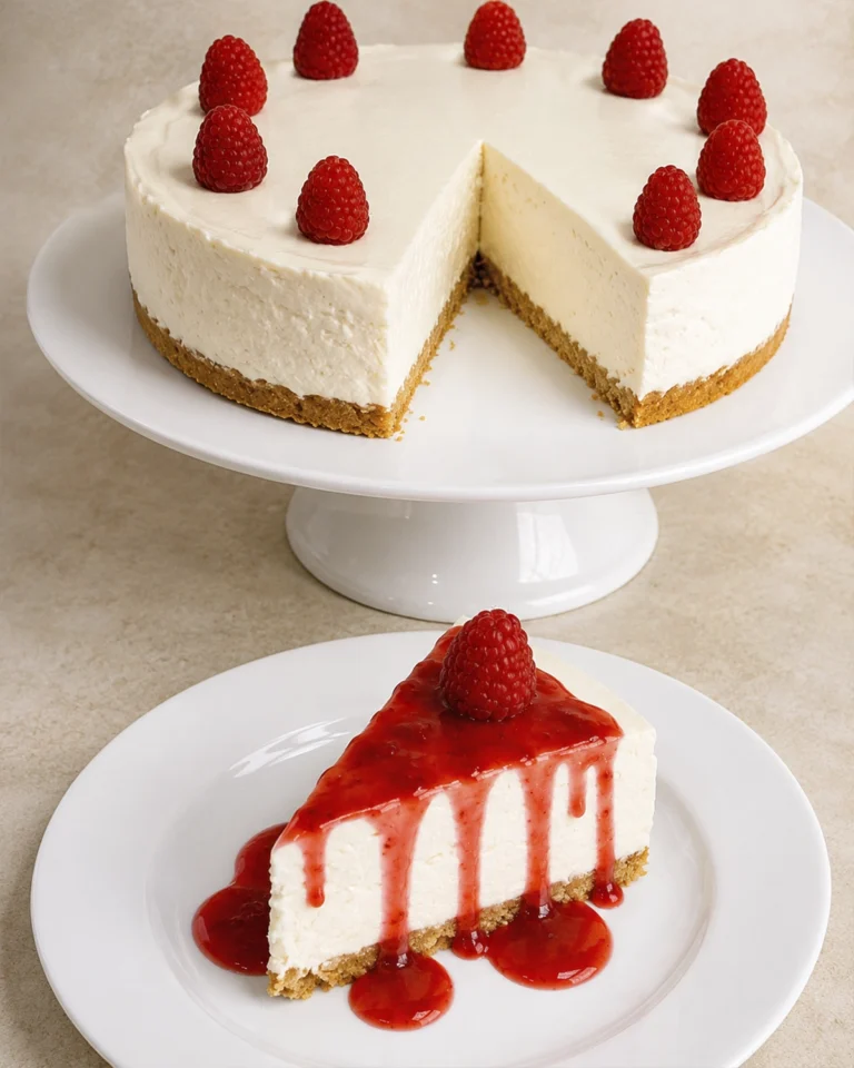 Tarta de queso Lotus sin horno decorada con frambuesas y una porción servida con salsa sobre un plato blanco.