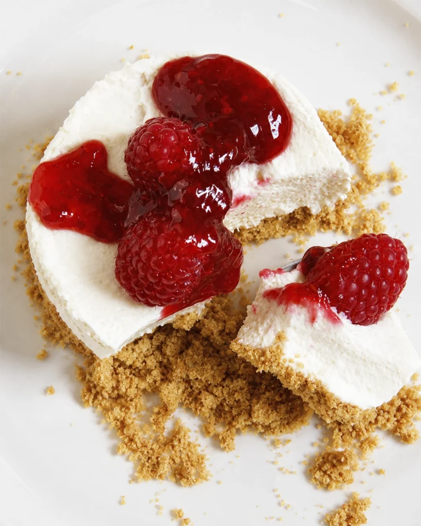 Porción de tarta de queso Lotus sin horno con base crujiente, frambuesas frescas y salsa roja brillante.